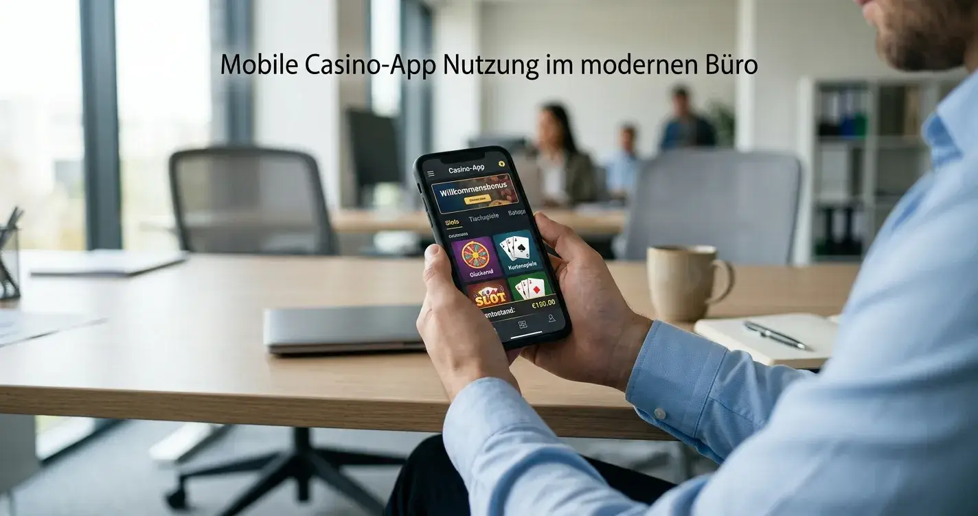 Person spielt Casino-App auf Smartphone in modernem Büro