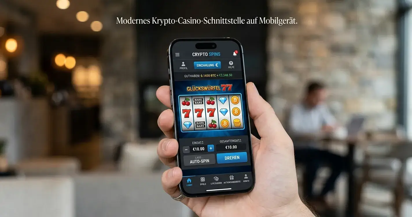 Smartphone mit Krypto-Casino-Interface und Wallet-App