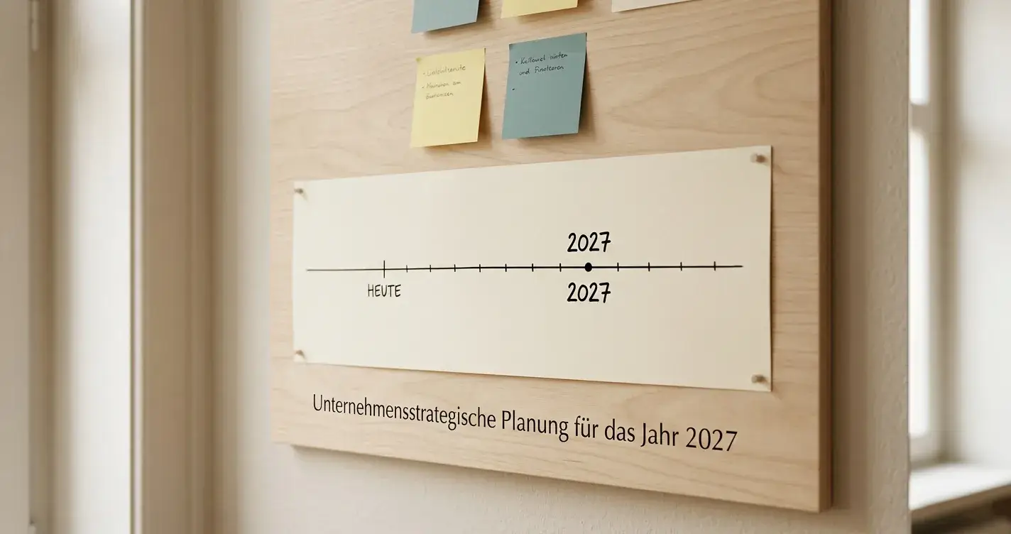 Planungstafel mit einer Zeitachse und einer markierten Frist im Jahr 2027