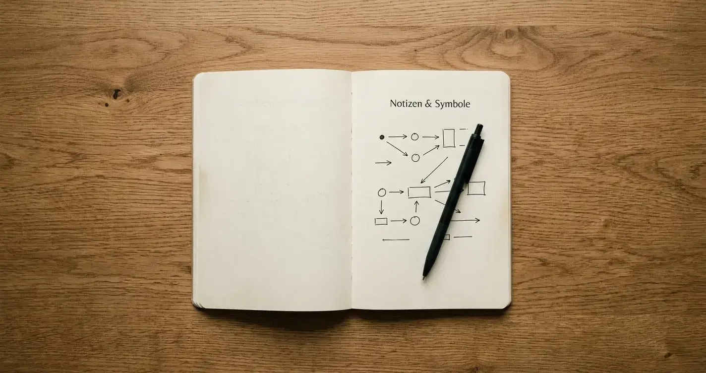 Offenes Notizbuch mit handgezeichneten Pfeilen und Symbolen auf dem Schreibtisch