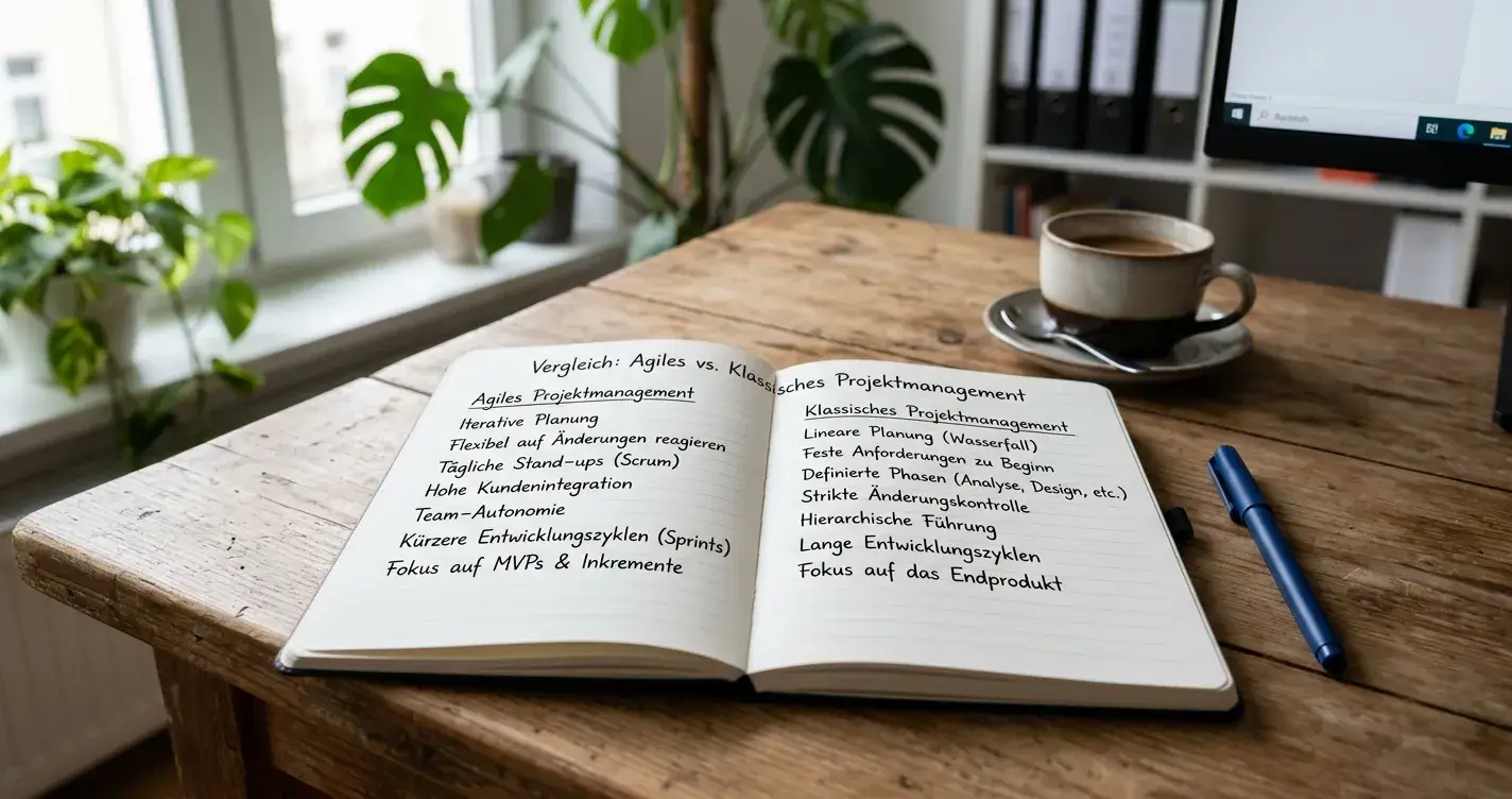 Notizbuch mit handschriftlichen Vergleichsnotizen und Stift auf Schreibtisch