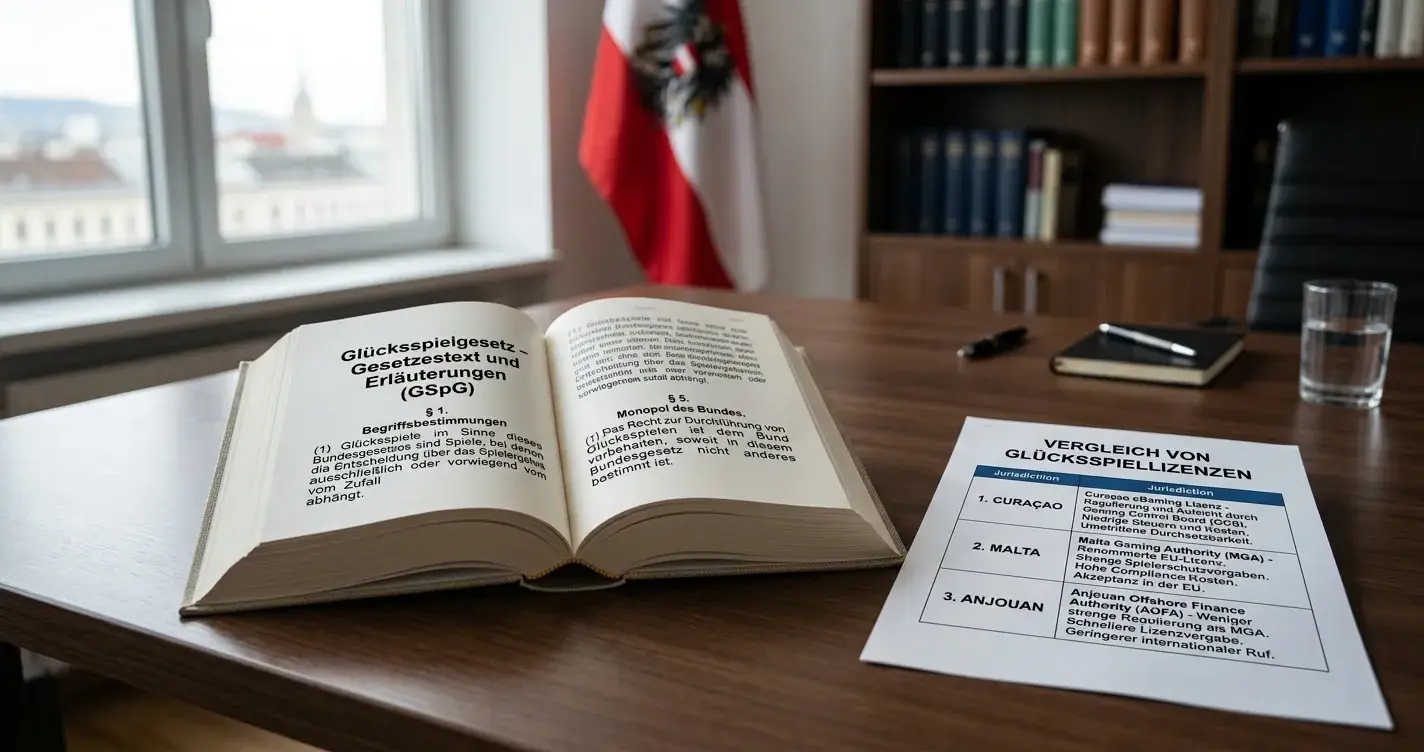 Geöffnetes Gesetzbuch zum österreichischen Glücksspielgesetz mit Vergleichsdokument zu internationalen Lizenzen