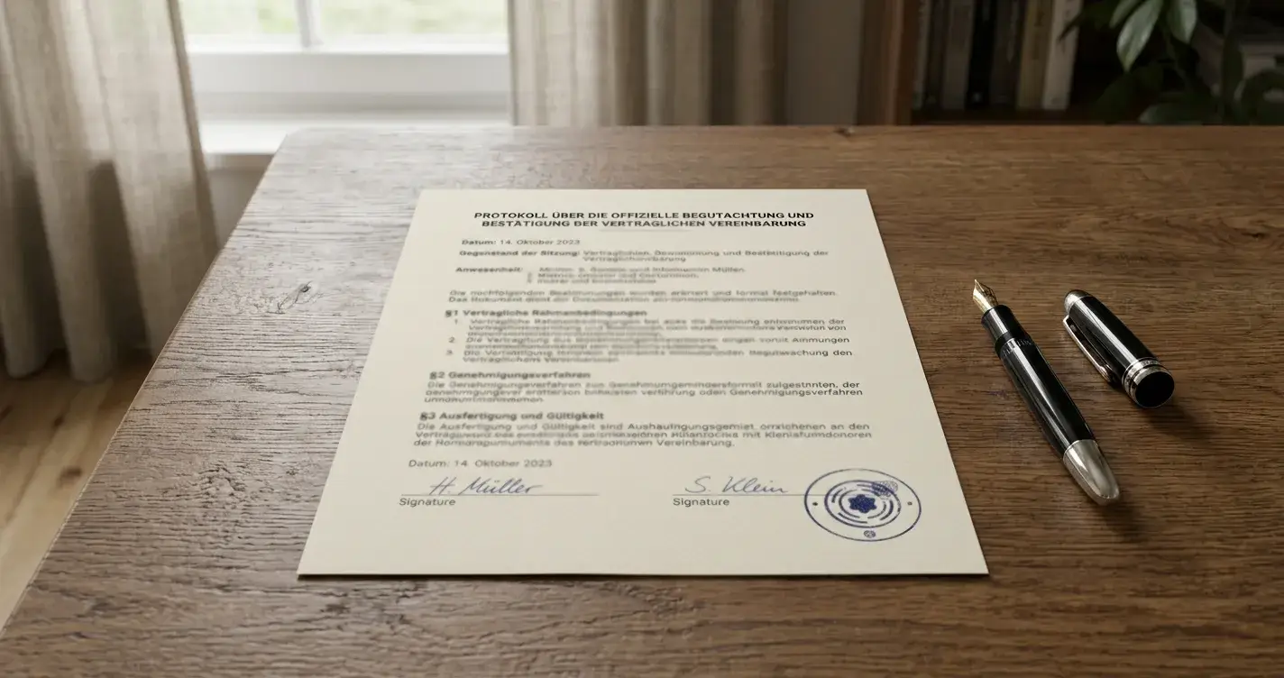 Neutrales offizielles Dokument mit abstraktem Stempel auf Holzschreibtisch