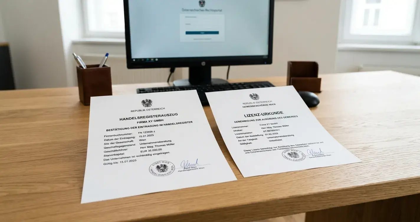 Österreichisches Gesetzbuch und Glücksspiellizenz-Dokument