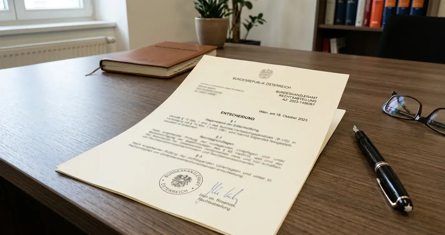 Österreichisches Glücksspielgesetz-Dokument mit Paragrafenzeichen auf Schreibtisch