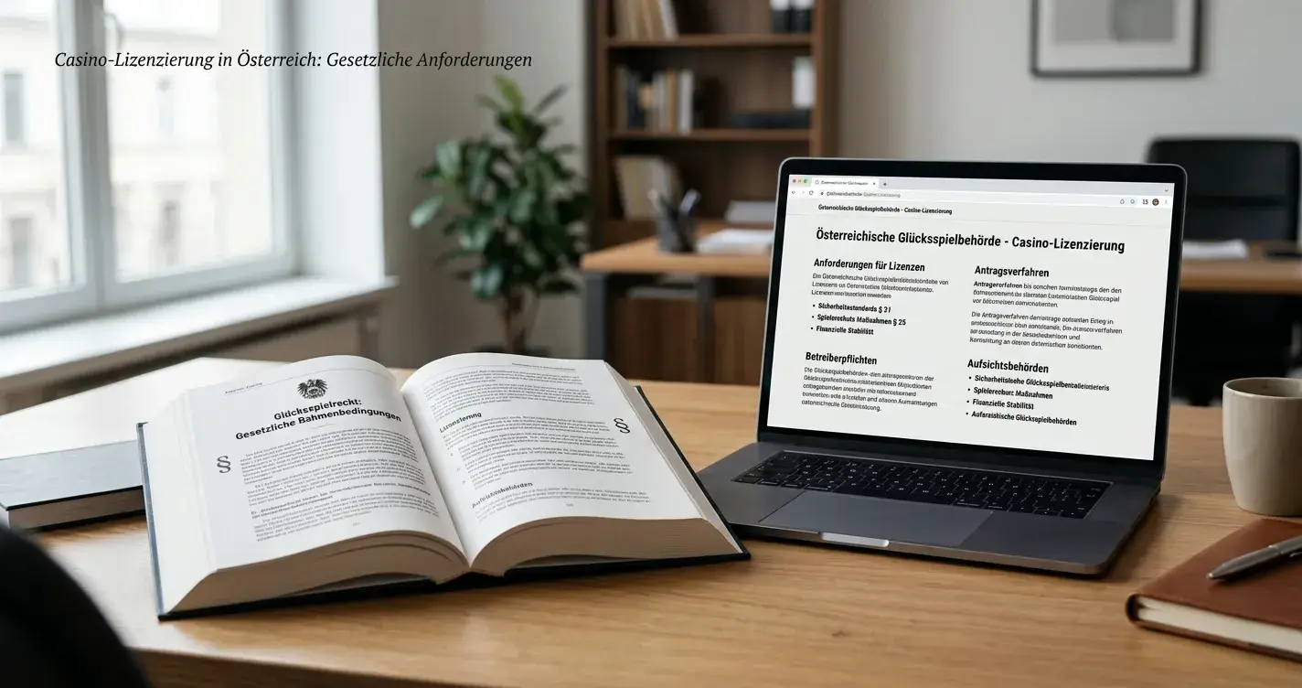 Österreichisches Gesetzbuch und Laptop mit Casino-Lizenzinformationen