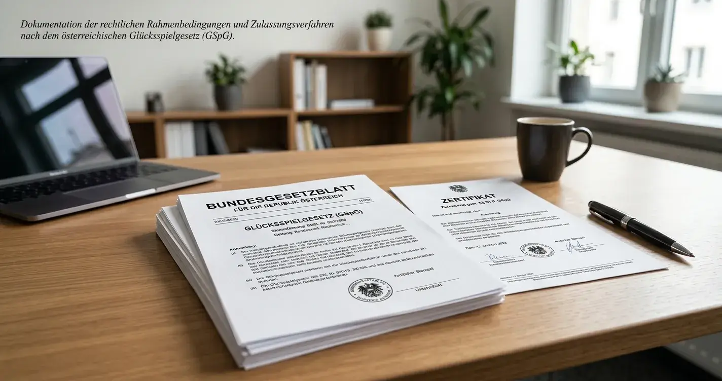 Dokument mit österreichischem Glücksspielgesetz und Konzessionsurkunde auf Schreibtisch