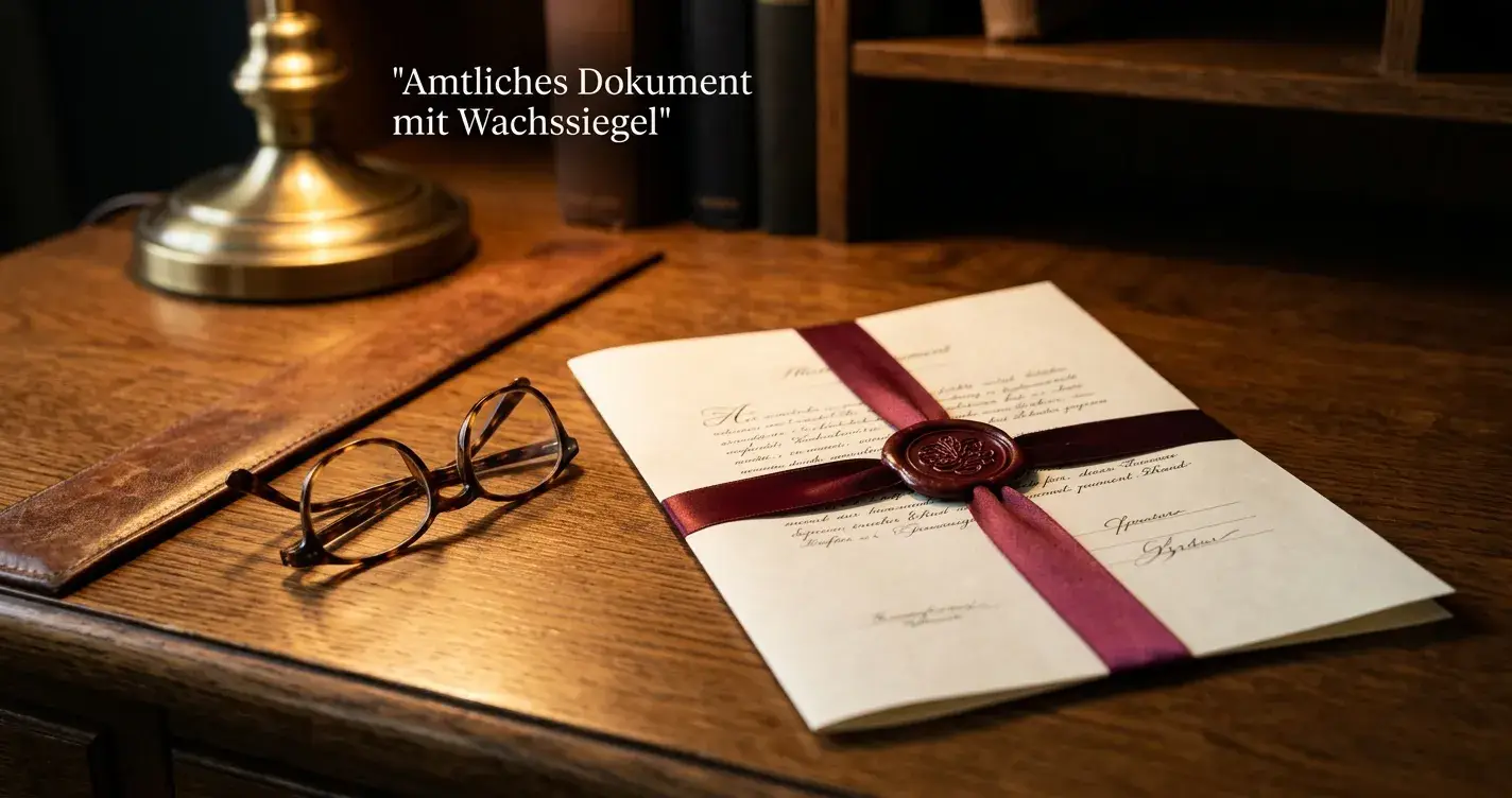 Offizielles Dokument mit Siegel auf einem Eichenschreibtisch mit Lesebrille