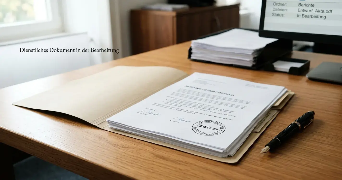 Ordner mit Dokumenten und einem neutralen behördlichen Stempel auf dem Tisch