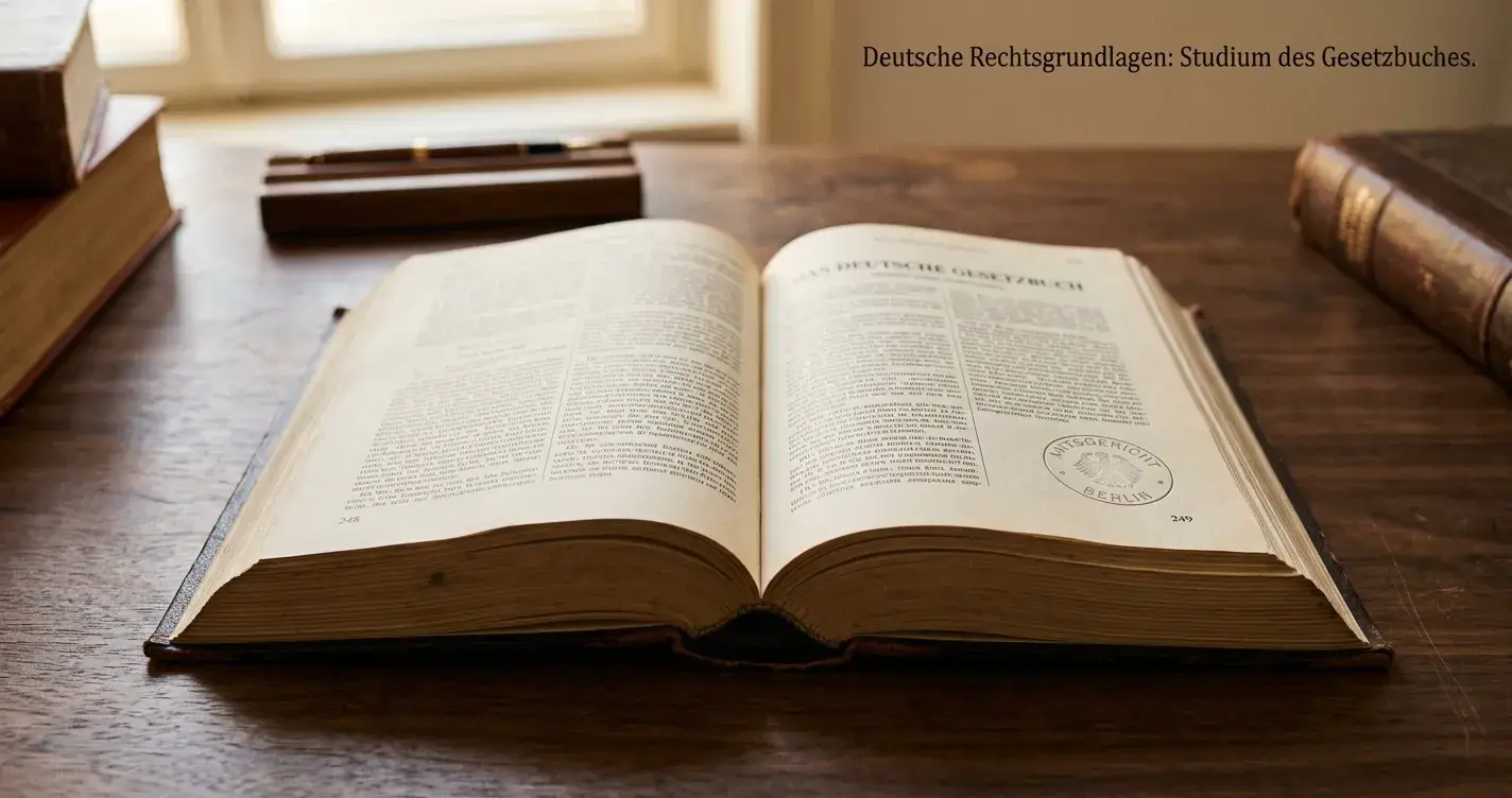 Offenes Gesetzbuch auf einem Holzschreibtisch mit neutralem Amtssiegel auf der gegenüberliegenden Seite