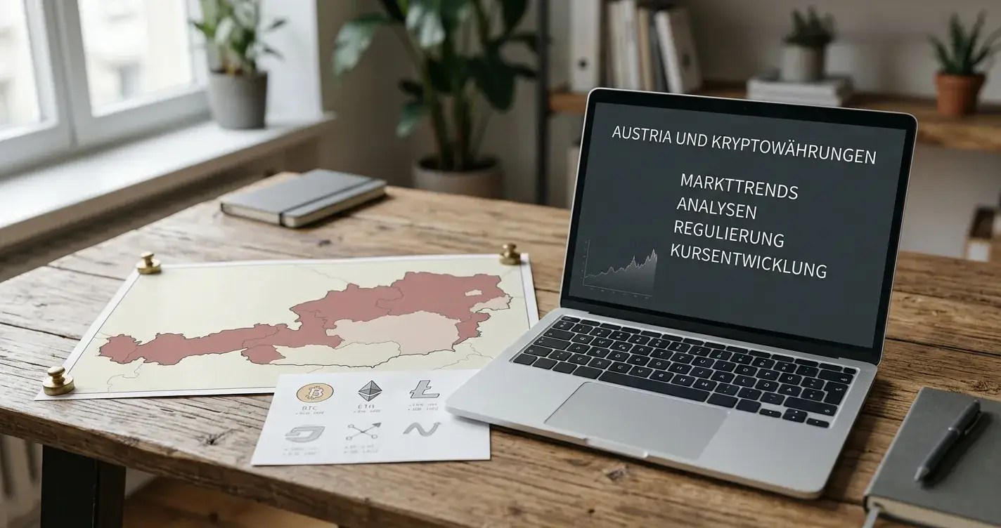Österreichische Landkarte neben neutralen Krypto-Symbolen und einem ausgeschalteten Laptop