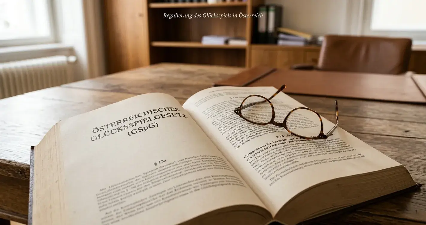 Aufgeschlagenes Gesetzbuch zeigt österreichische Glücksspielparagraphen auf Schreibtisch mit Lesebrille