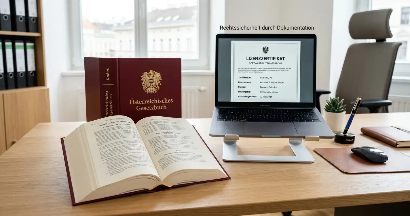 Österreichisches Gesetzbuch und Laptop mit Casino-Lizenz-Dokument