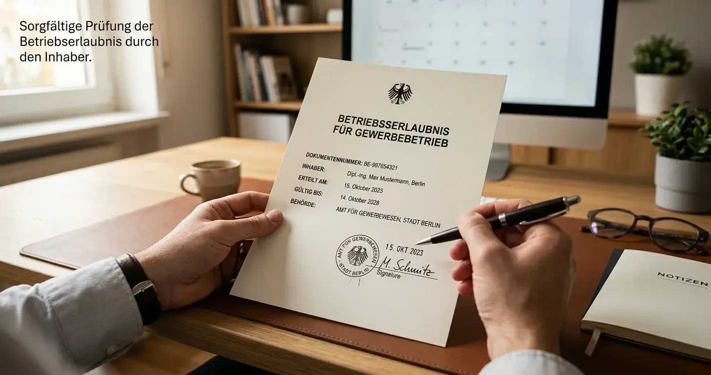 Person prüft offizielles Lizenzdokument mit Stempel an aufgeräumtem Schreibtisch
