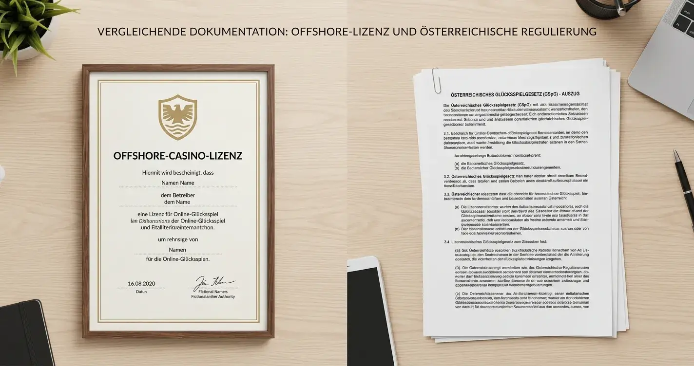 Offshore-Casino-Lizenz-Dokument neben österreichischem Glücksspielgesetz