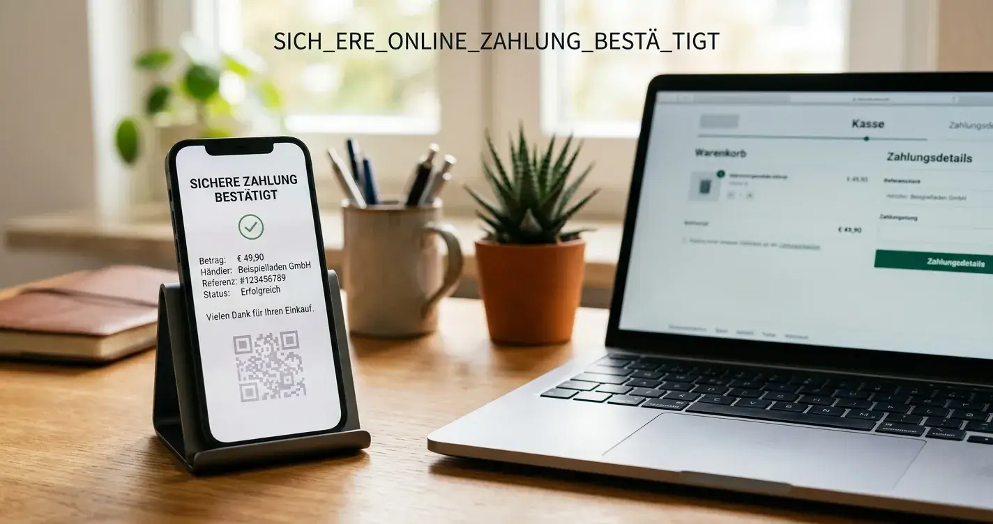 Smartphone mit neutraler Wallet-Bestätigung neben einem Laptop