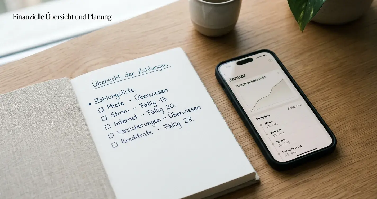 Schreibtisch mit Zahlungsnotizen und ruhiger Transaktionsübersicht