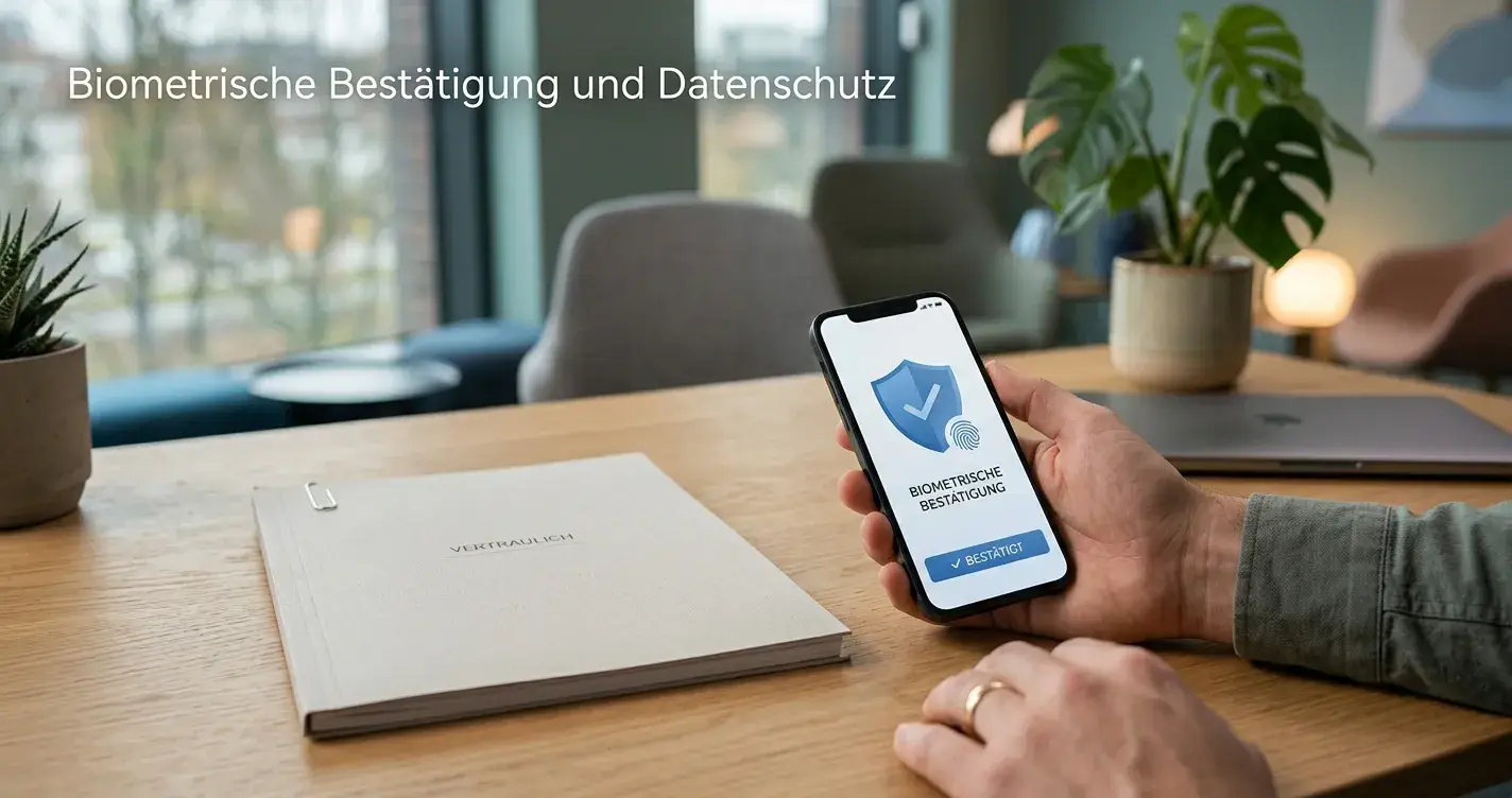 Smartphone mit geschützter Zahlungsbestätigung in einer hellen Büroumgebung