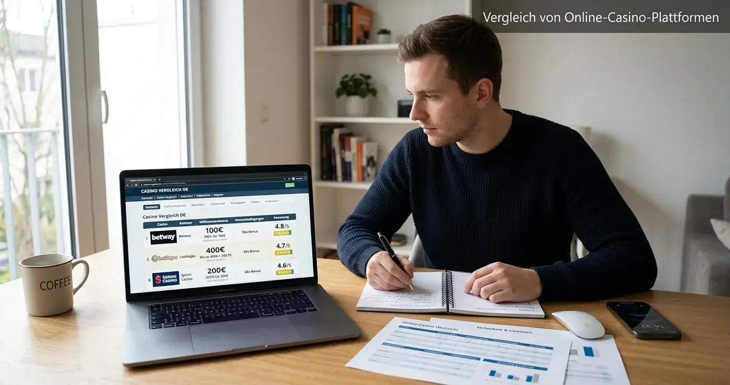 Person am Schreibtisch mit Laptop, vergleicht verschiedene Online-Casino-Anbieter auf dem Bildschirm, Notizen und Dokumente liegen daneben