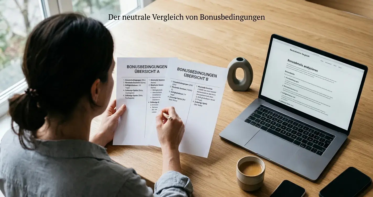Neutrale Bonusbedingungen neben einem geöffneten Casino-Konto ohne Markenlogo