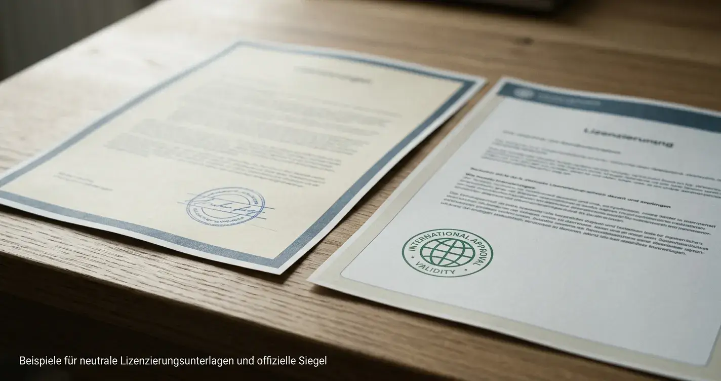 Österreichisches Konzessionsdokument neben neutraler internationaler Lizenzunterlage