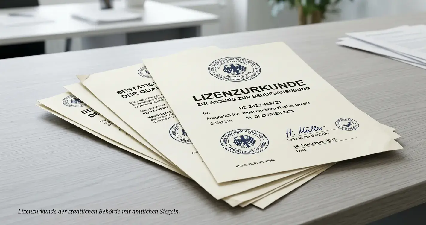 Gestapelte offizielle Lizenzdokumente mit Stempeln und Siegeln