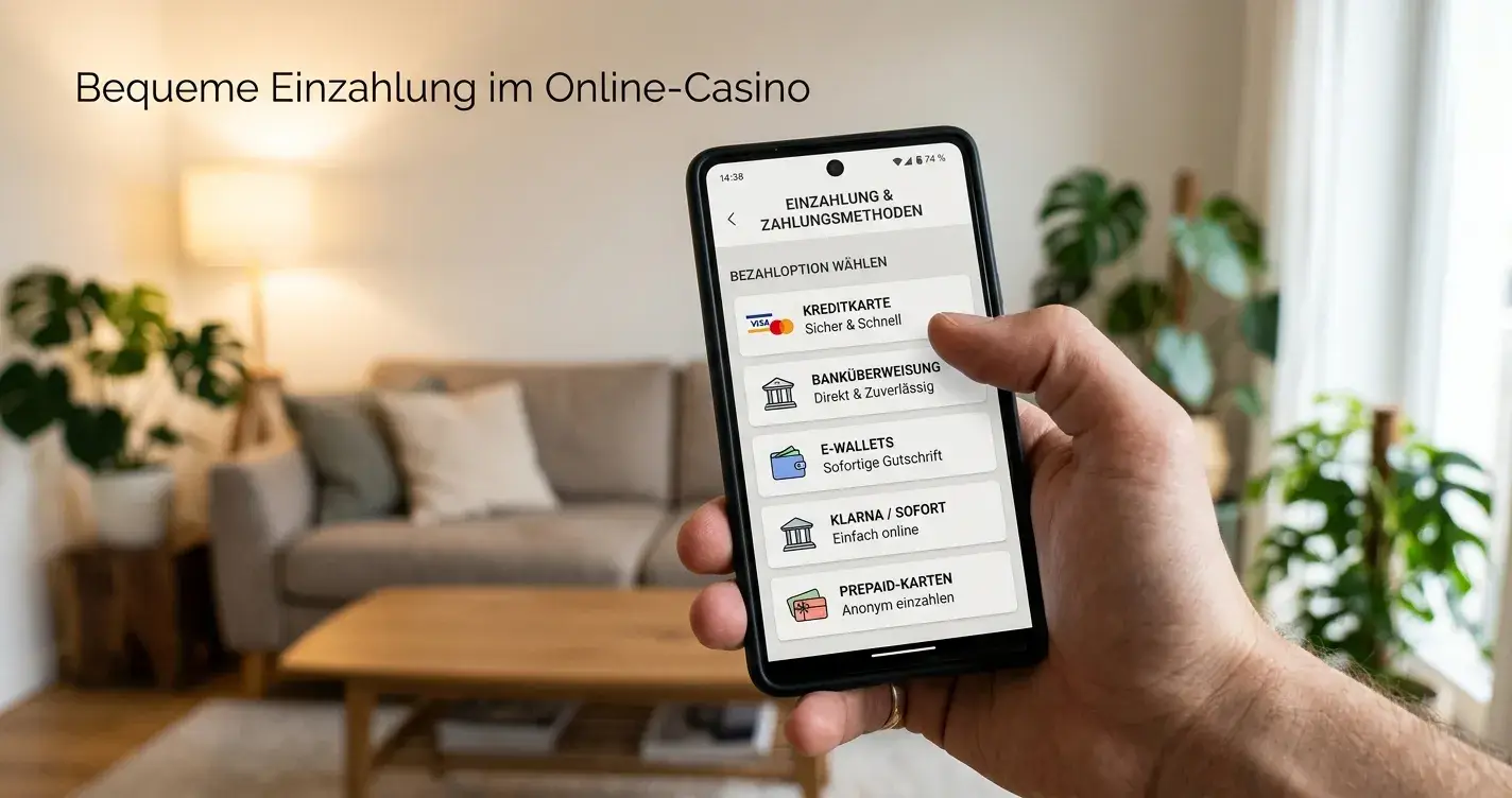 Smartphone in Hand zeigt Casino-Zahlungsbildschirm mit Einzahlungsoptionen in modernem Wohnzimmer
