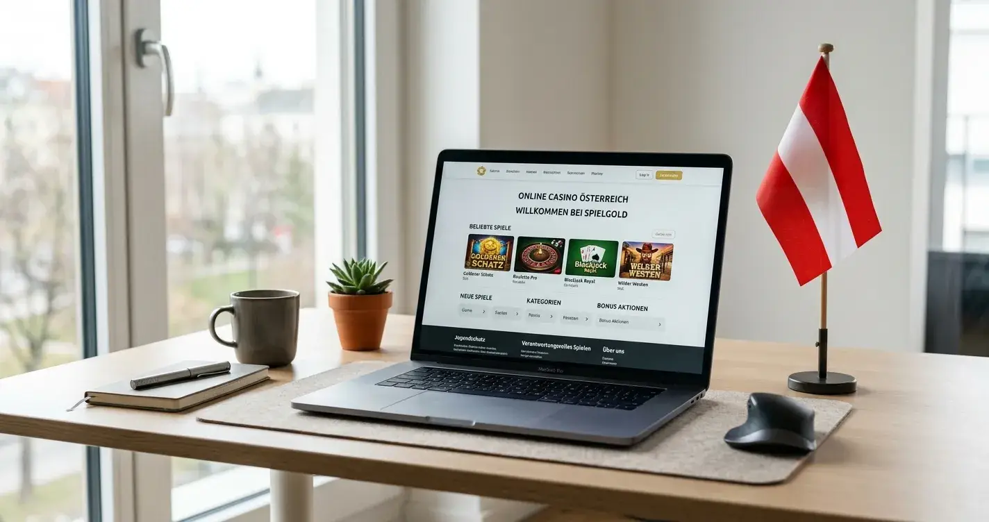 Laptop mit geöffneter Casino-Website und österreichischer Flagge daneben