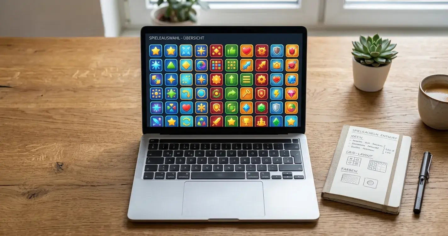 Laptop mit einer Übersicht verschiedener Online-Casino-Symbole und Spielkarten-Reihen