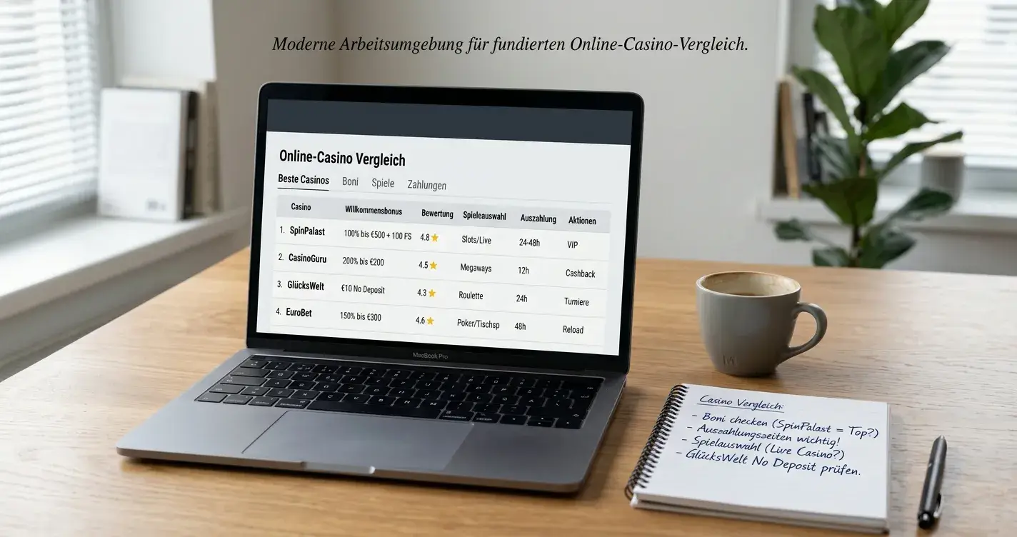 Laptop mit Casino-Vergleichsseite und Notizen zu Bonusangeboten