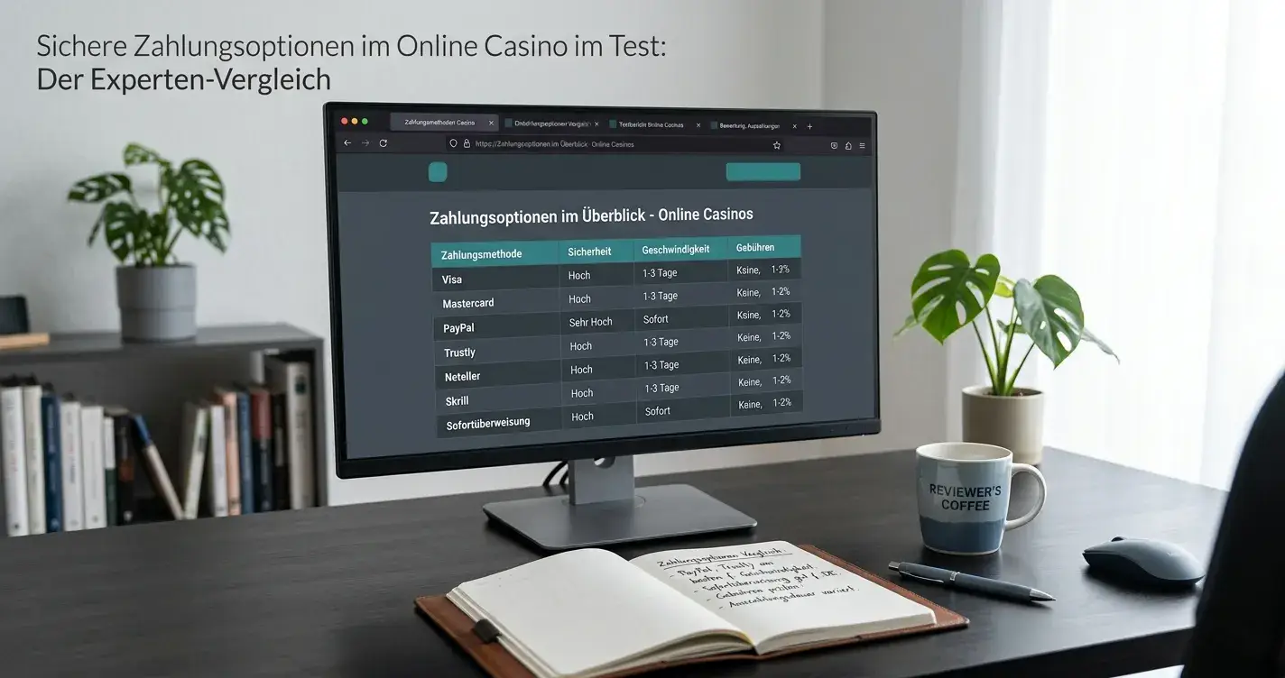 Übersicht mehrerer Online-Casino-Websites auf einem Monitor mit Zahlungsoptionen