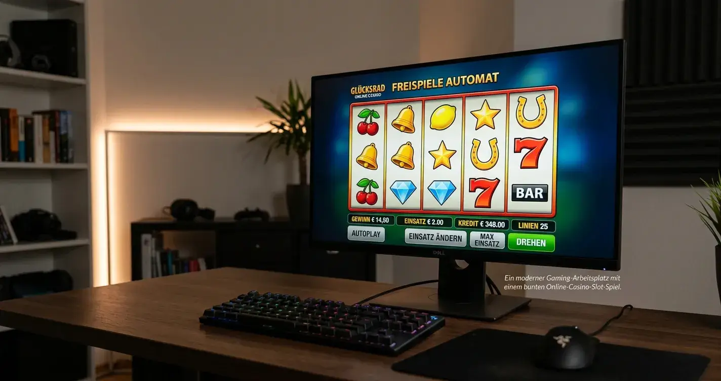 Slot-Spielautomat mit Walzen und Gewinnsymbolen auf Monitor