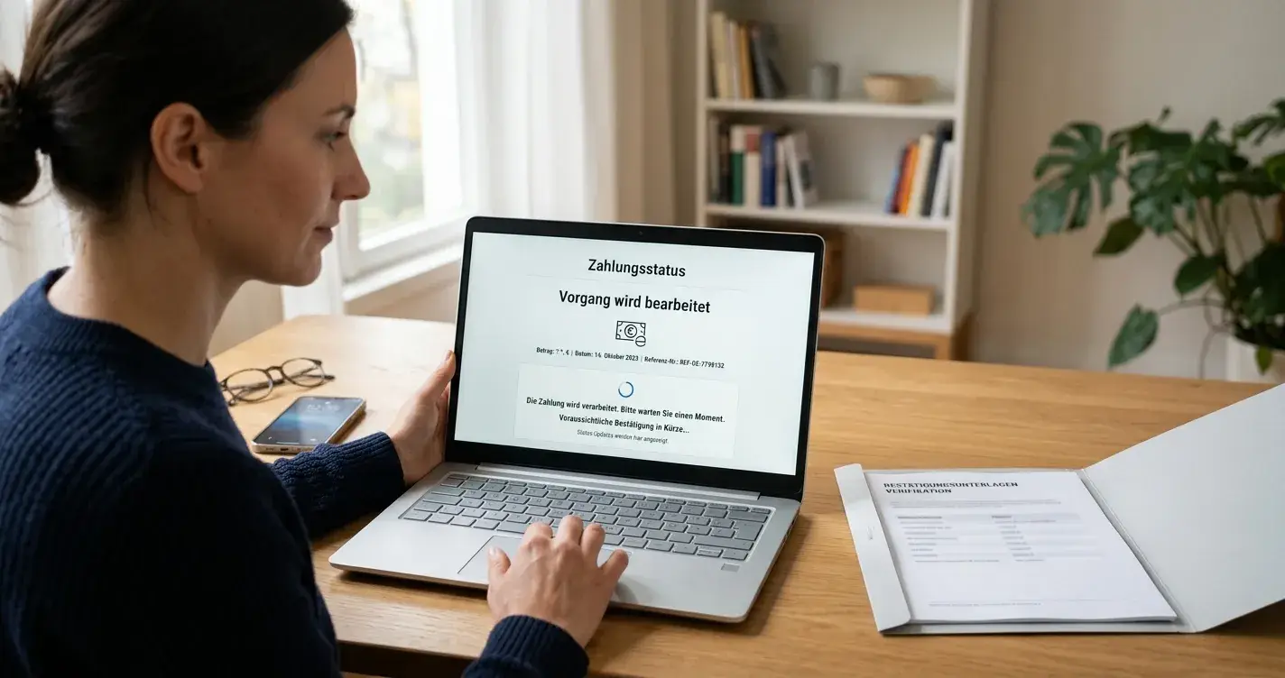 Neutrale Zahlungsübersicht auf einem Laptop mit E-Wallet- und Überweisungsoptionen