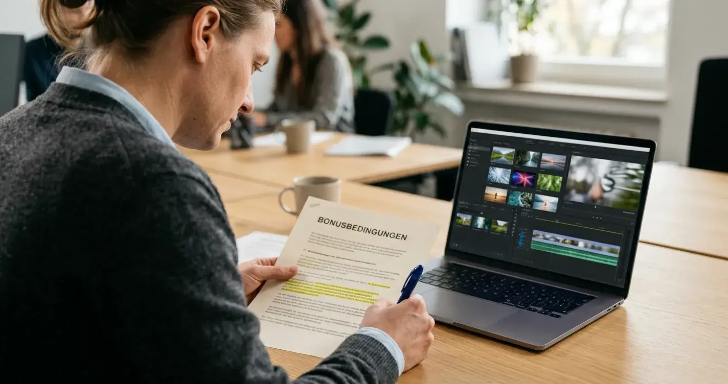 Person prüft Bonusbedingungen auf einem neutralen Dokument neben einem Laptop