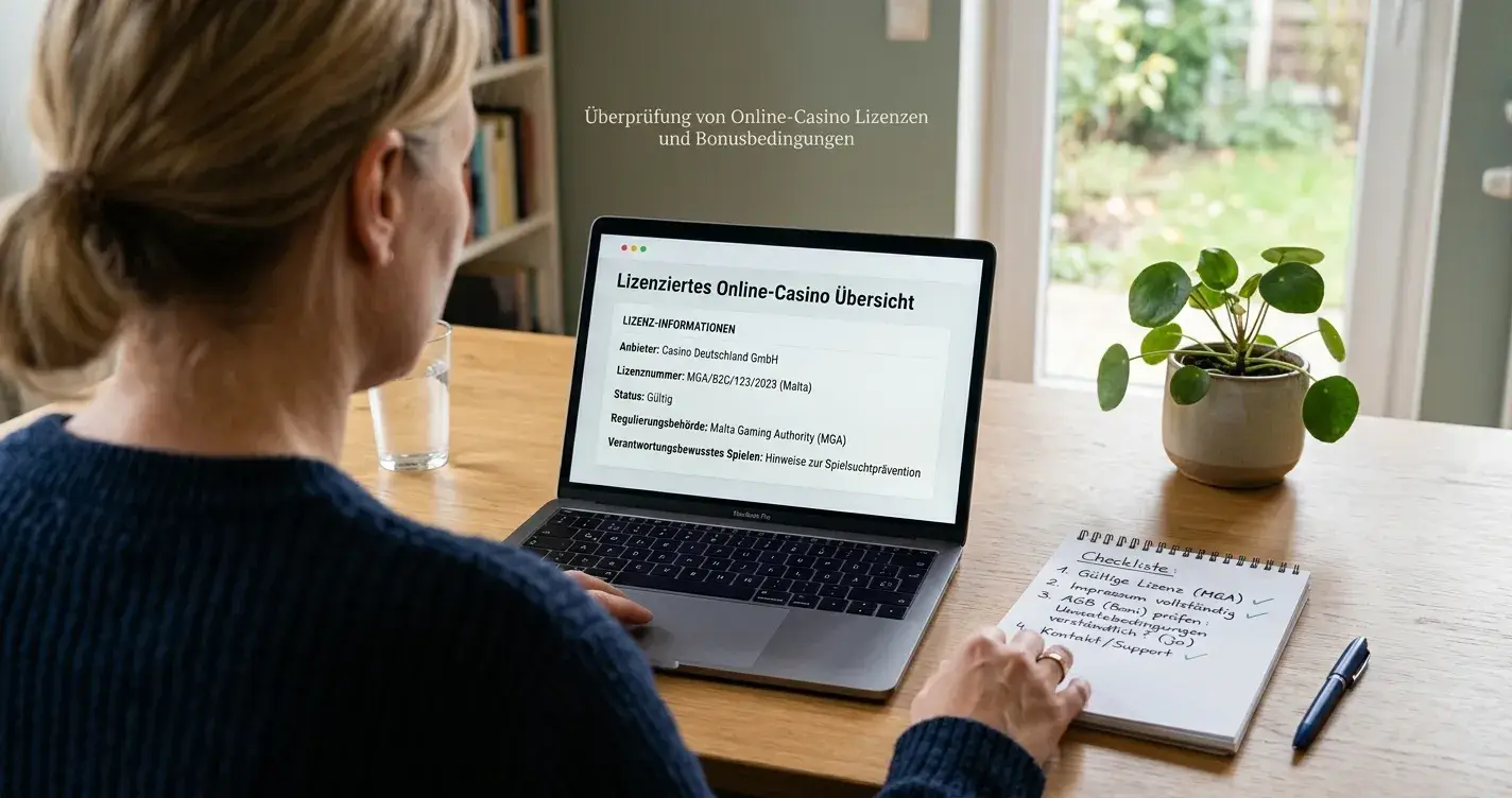 Person prüft Lizenz, KYC und Bonusbedingungen an einem Laptop