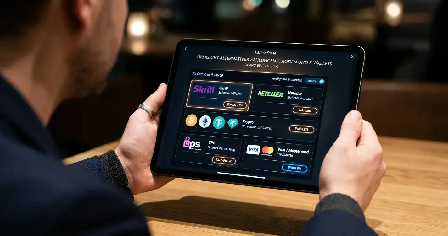 Übersicht alternativer E-Wallets und Zahlungsmethoden auf Tablet-Display