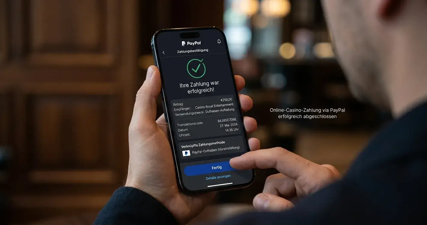 Smartphone mit PayPal-Login-Bildschirm und Casino-Zahlungsbestätigung