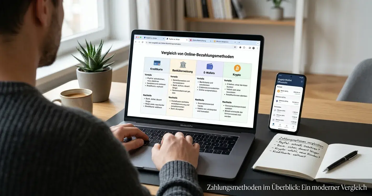 Person an Laptop mit mehreren Casino-Tabs und Zahlungsmethoden-Vergleich