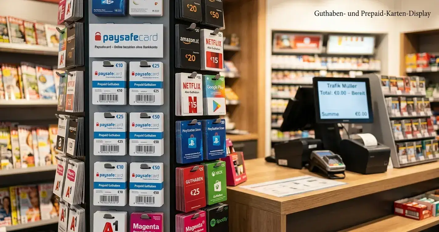 Paysafecard-Voucher am Verkaufspunkt in österreichischer Trafik
