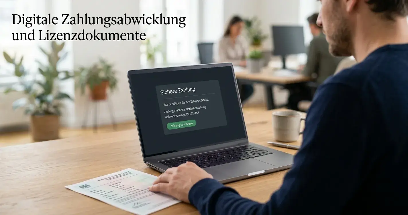 Neutrales Lizenzdokument und Laptop mit sicherer Zahlungsansicht in ruhiger Büroumgebung