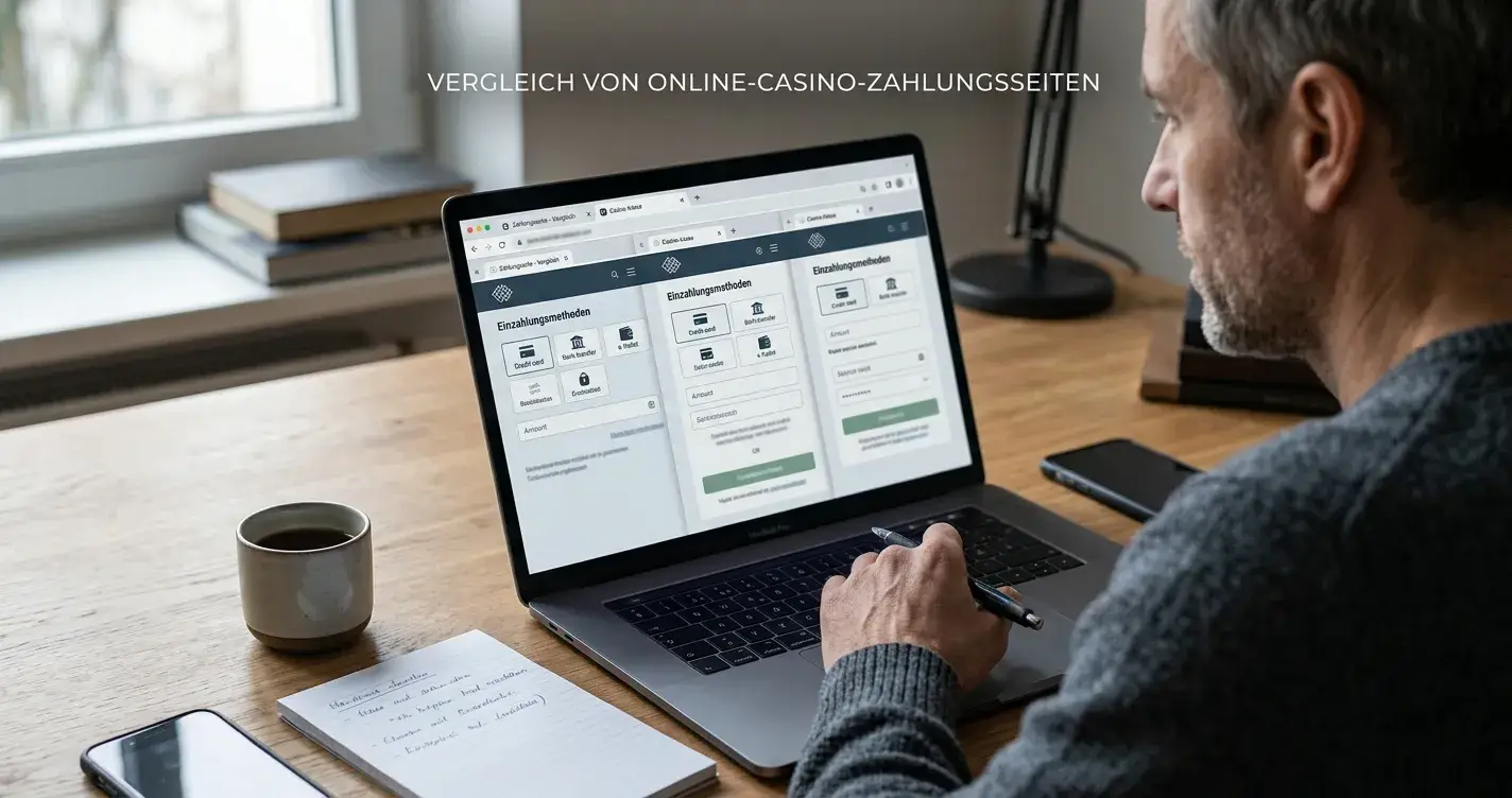 Person vergleicht mehrere neutrale Online-Casino-Kassen am Schreibtisch