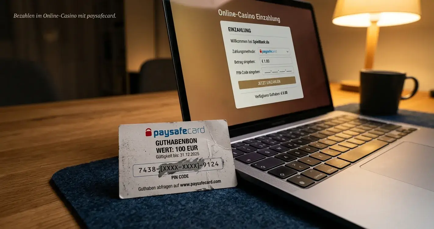 Paysafecard-Voucher neben Laptop mit Casino-Einzahlungsformular