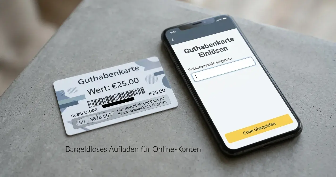 Paysafecard-Gutschein und Smartphone mit Casino-App auf Tisch
