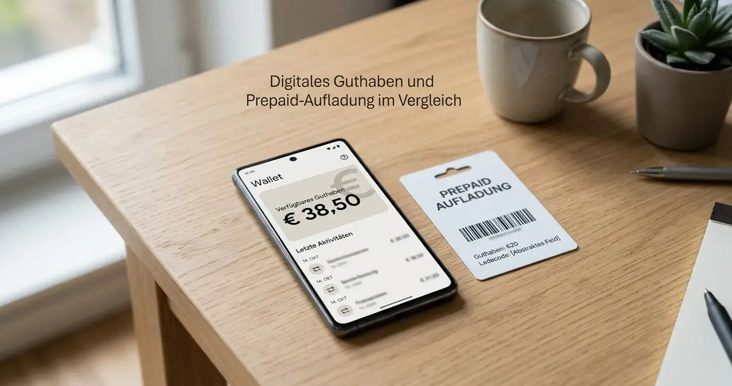 Prepaid-Gutschein und neutrale elektronische Geldbörse neben Smartphone