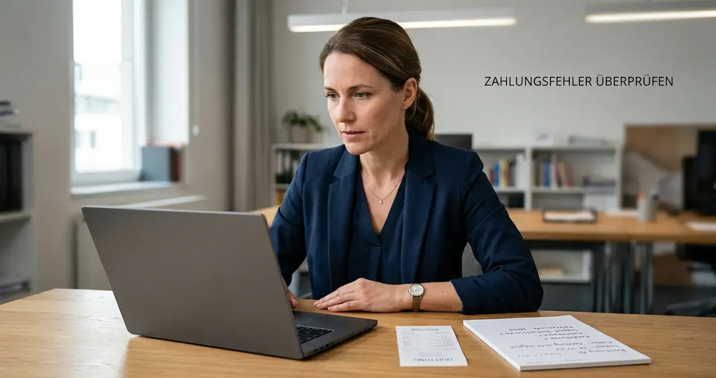 Person prüft eine Zahlungsfehlermeldung auf Laptop und Beleg