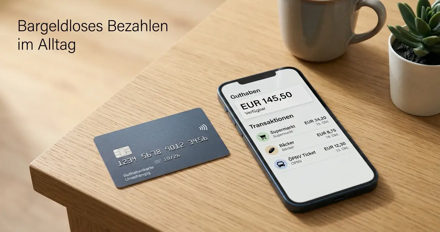 Prepaidkarte und Smartphone mit neutraler Zahlungsapp auf einem Tisch
