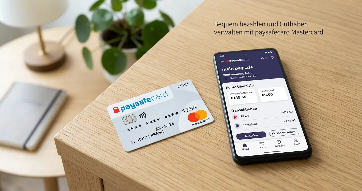 Paysafecard Mastercard auf Schreibtisch neben Smartphone mit myPaysafe-App