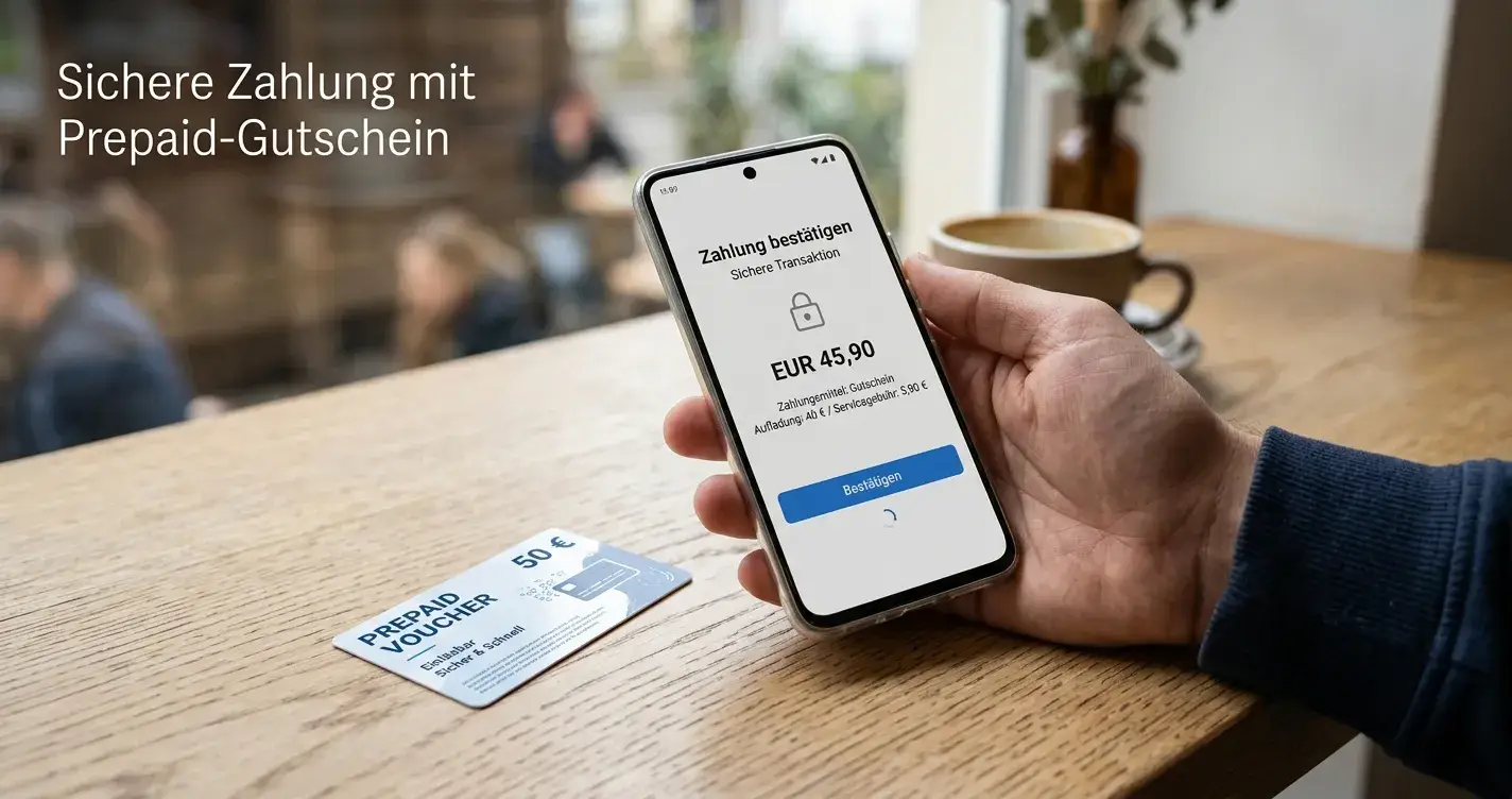 Smartphone mit neutraler mobiler Zahlungsmaske neben einem Paysafecard-Beleg