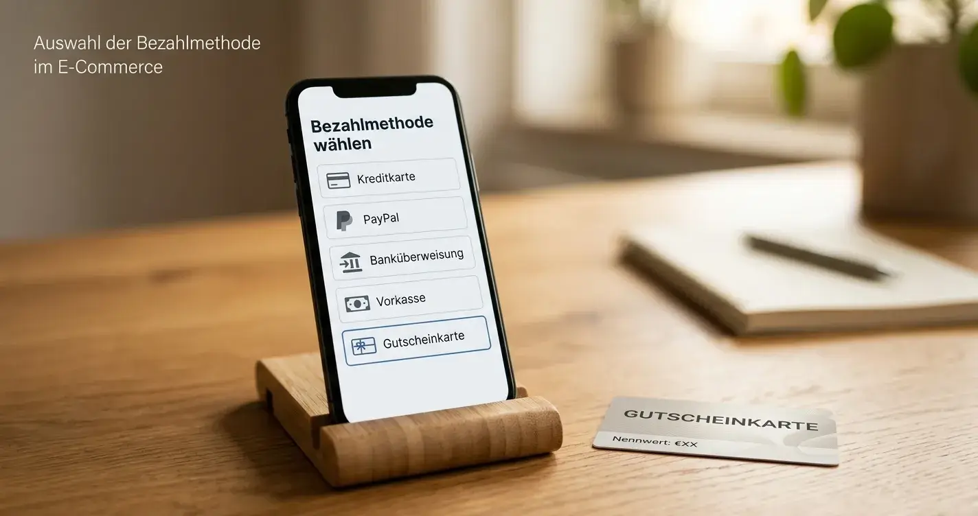 Smartphone mit E-Wallet-Oberfläche und Prepaid-Gutschein auf einem Schreibtisch