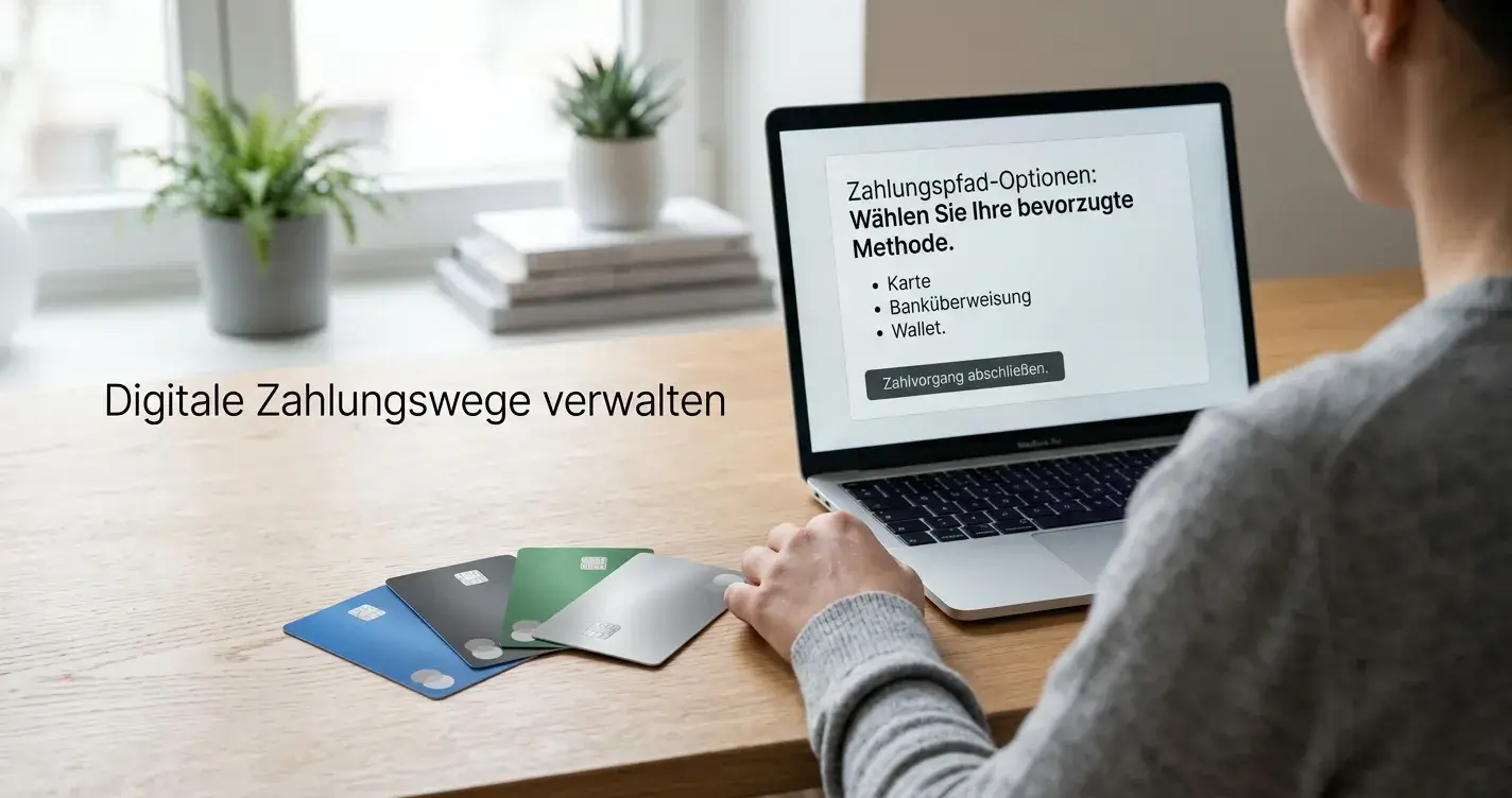 Vergleich mehrerer neutraler Zahlungswege auf einem Schreibtisch ohne Markenlogos